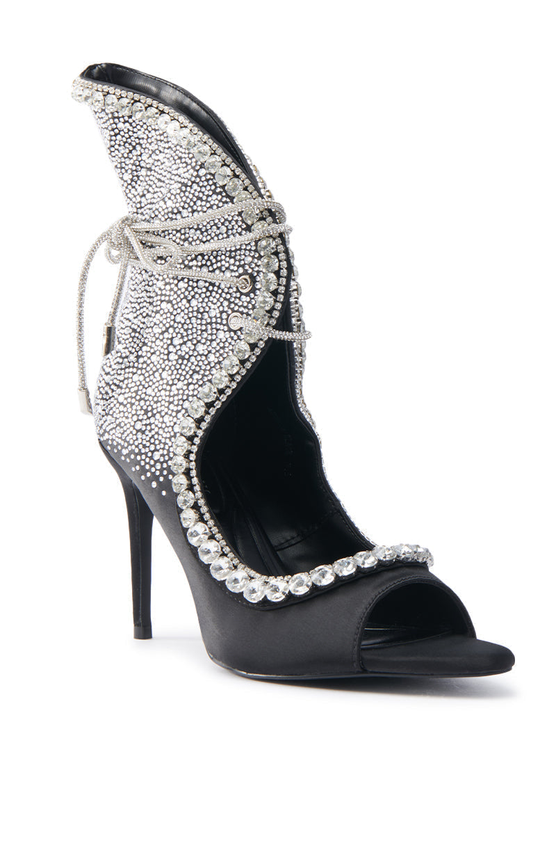 AZALEA WANG MICAELA BLACK SILVER RHINESTONE OPEN TOE LACE UP STILETTO BOOTIE
