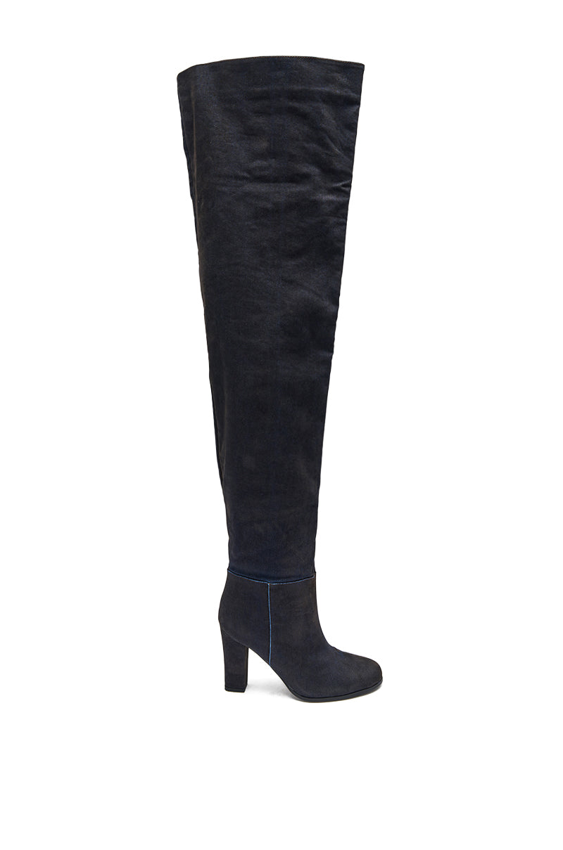 AZALEA WANG NANETTE BLACK DENIM SLOUCHY BLACK ROUND TOE CHUNKY BOOT