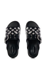 AZALEA WANG CASSANDRA BLACK SILVER CHARM SLIDE ON SANDAL