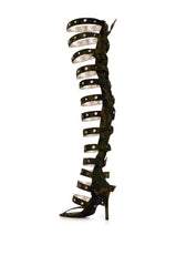 AZALEA WANG HARLOWE CAMO OVER THE KNEE BUCKLE UP SANDAL
