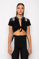 HOUSTON ATLANTA VEGAS EMBELLISHED TIE FRONT CROP TOP